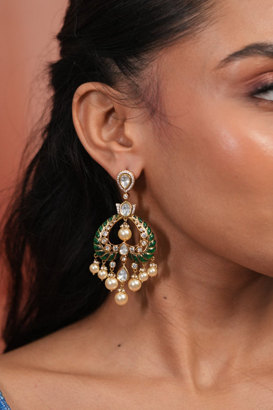 Dildooba Moissanite Polki Meenakari Chandbali Earrings