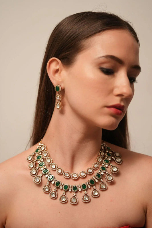 Akanksha Polki 2 Layer Necklace Set | Emerald