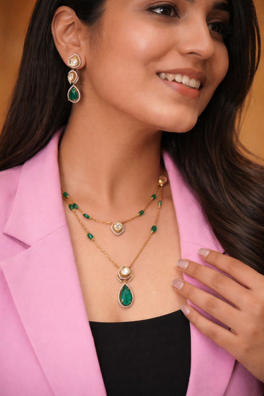 Kia 2 Line Moissanite Indo Western Polki Pendant Set