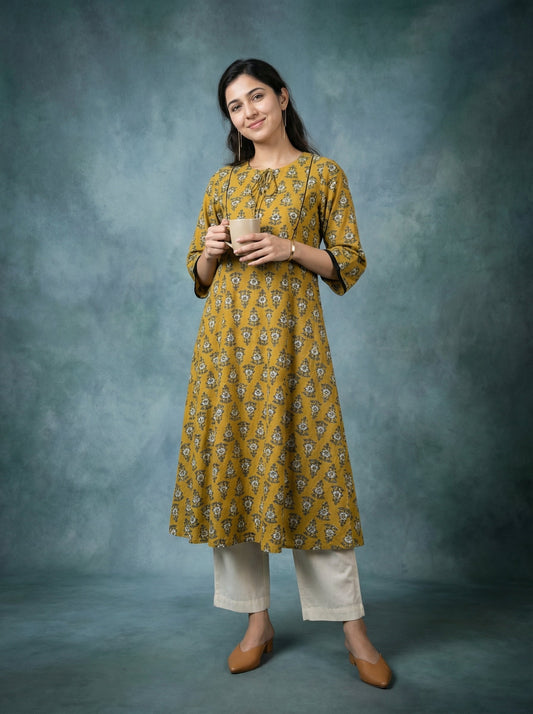 Jazz Waves Cotton Sand Yellow/Green Yoke Kurta