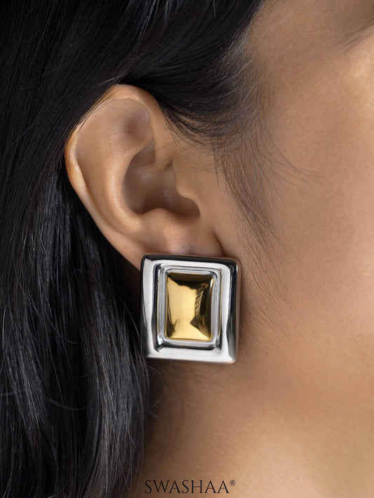 Zohra Square Frame Two Tone 18K Gold Plated Stud Earrings
