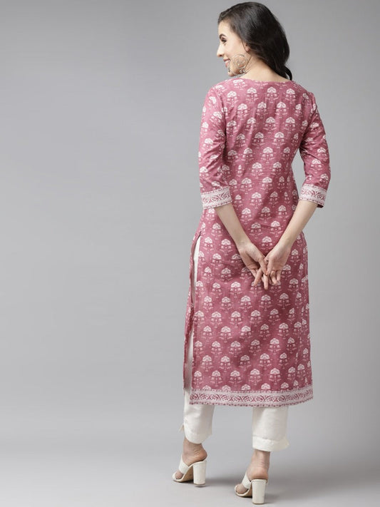 Women Rust Red & White Pure Cotton Ethnic Motifs Printed Kurta