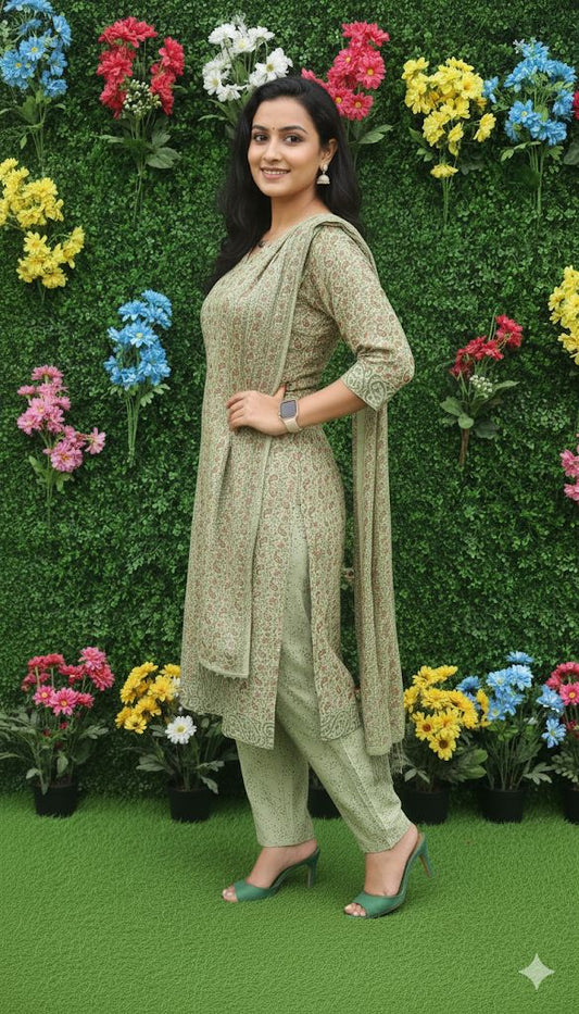 Dark Mehendi Green Kurti With Dupatta Set of 3 Piece For Women