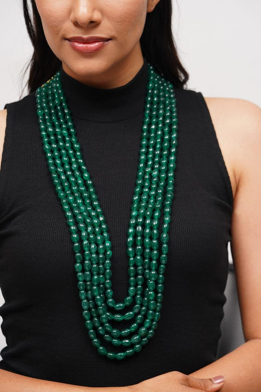 Five Layer Long Emerald Beaded Long Mala - Attrangi