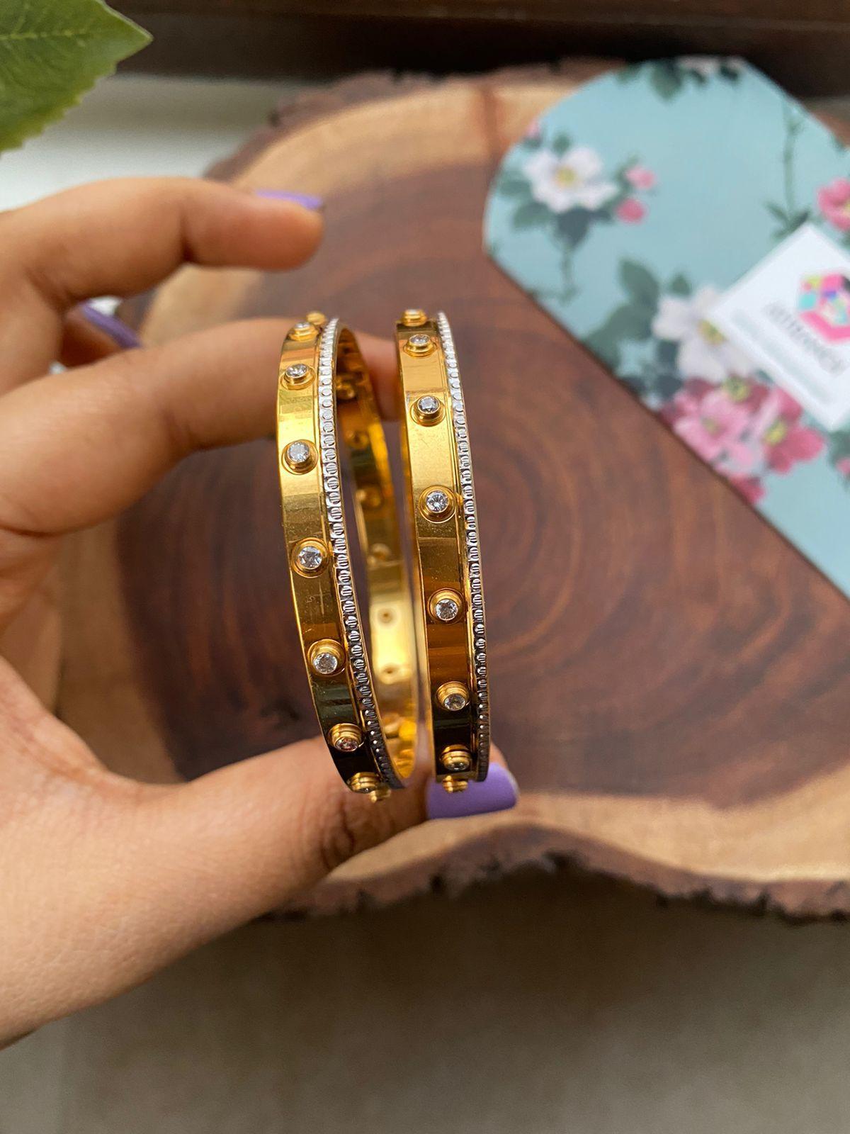 Geeta Diamond Studded CNC Gold Plated Bangle - Attrangi