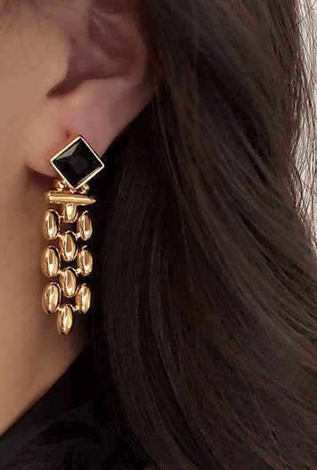 Gold Link Tassel Earrings with Onyx Black Studs JLT13653