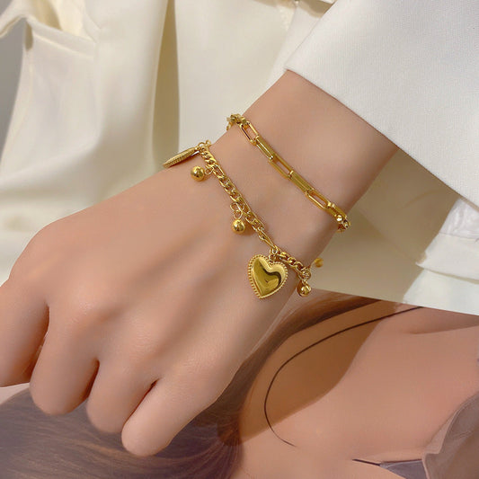 Just Lil Things Artificial Golden Heart Charm Bracelet & Link Chain Duo – Elegant Layered Set Bracelets