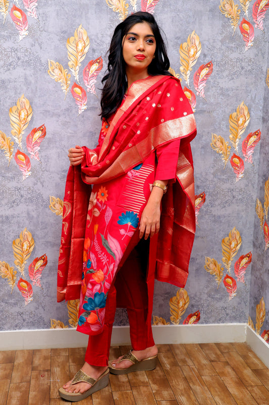 Red Kurti With Multicolor Floral Design For Women & Girls