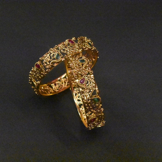Antique Peacock Kemp Bangles Set - Traditional Temple Jewelry