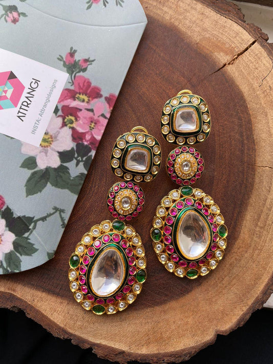 Shreya Uncut Diamond Long Earrings | Potta Rubies and Emeralds - Attrangi