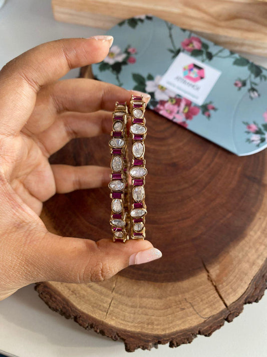 Slim Coloured Moissanite Polki Bangle Set | Antique Gold- Pink