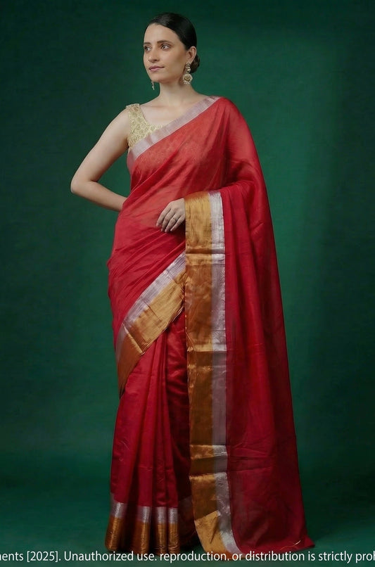 Mul Cotton Tissue Scarlet Sheen Saree