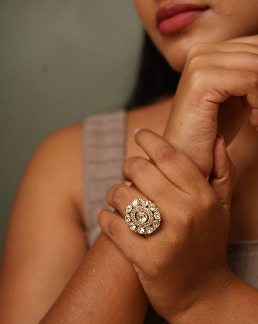 Uncut Diamond Antique Gold Adjustable Indian Ring - Attrangi