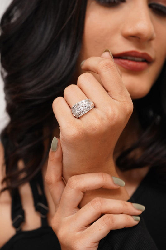 Zoe Multi Row Concave Ring | Baguette And Round Diamond - Attrangi