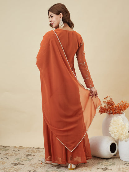 Orange Embroidered Georgette Straight Suit Set With Dupatta