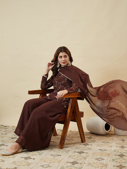 Coffee Embroidered Georgette Straight Suit Set With Dupatta