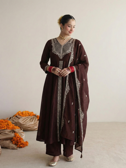 Coffee Silk Embroidered Anarkali Kurta With Dupatta Set for Women