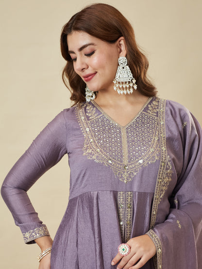Lavender Silk Embroidered Anarkali Kurta With Dupatta Set for Women | right hand dupatta half image