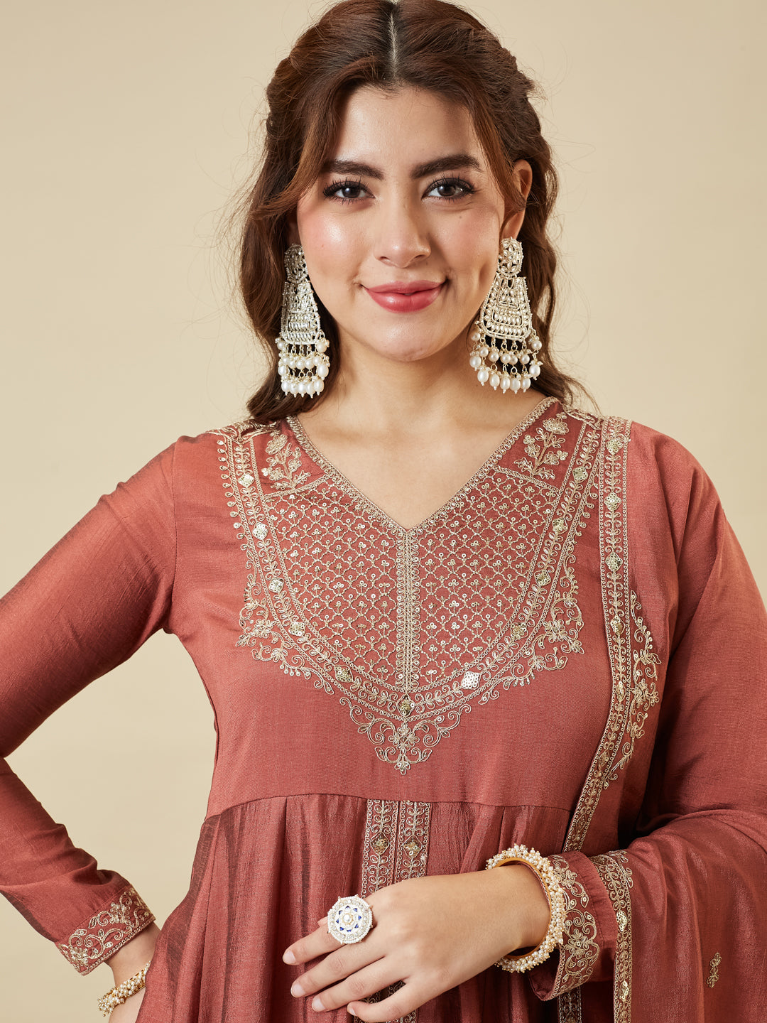 Rust Silk Embroidered Anarkali Kurta With Dupatta Set for Women | left hand side dupatta half front image