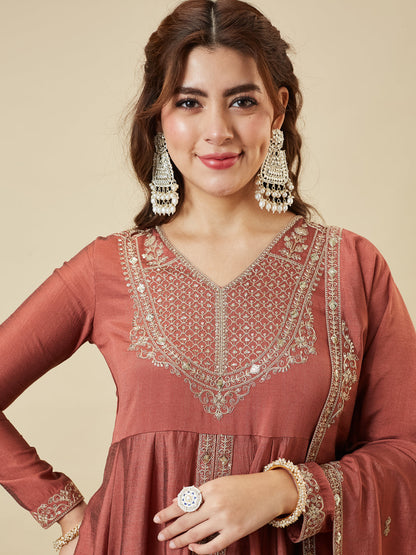 Rust Silk Embroidered Anarkali Kurta With Dupatta Set for Women | left hand side dupatta half front image