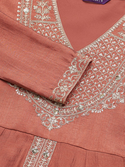 Rust Silk Embroidered Anarkali Kurta With Dupatta Set for Women | Embroidered desing sample image