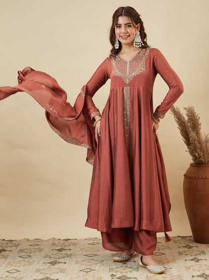 Rust Silk Embroidered Anarkali Kurta With Dupatta Set for Women | full iamge front side