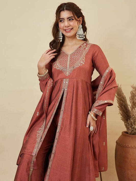 Rust Silk Embroidered Anarkali Kurta With Dupatta Set for Women | half front image