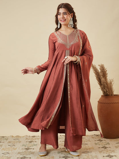 Rust Silk Embroidered Anarkali Kurta With Dupatta Set for Women | left hand side dupatta image