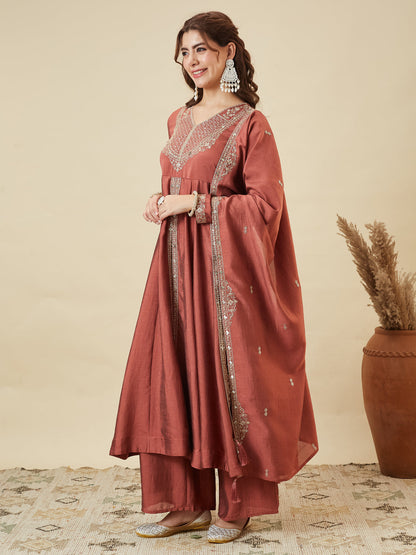 Rust Silk Embroidered Anarkali Kurta With Dupatta Set for Women | left side full image