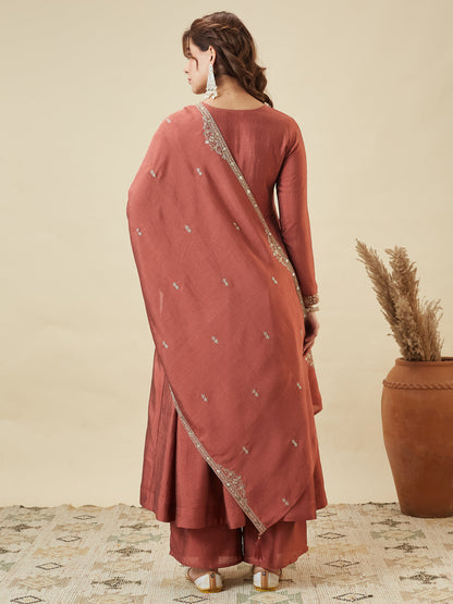 Rust Silk Embroidered Anarkali Kurta With Dupatta Set for Women | back side full image