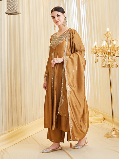 Golden Silk Embroidered Anarkali Suit Set with Dupatta