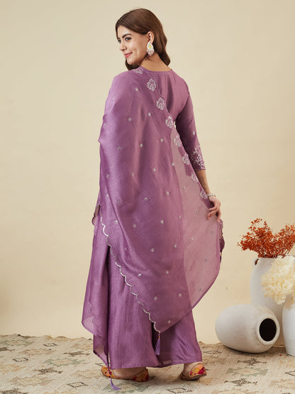 Lavender Silk Embroidered Suit with Palazzo Set for Women| back side