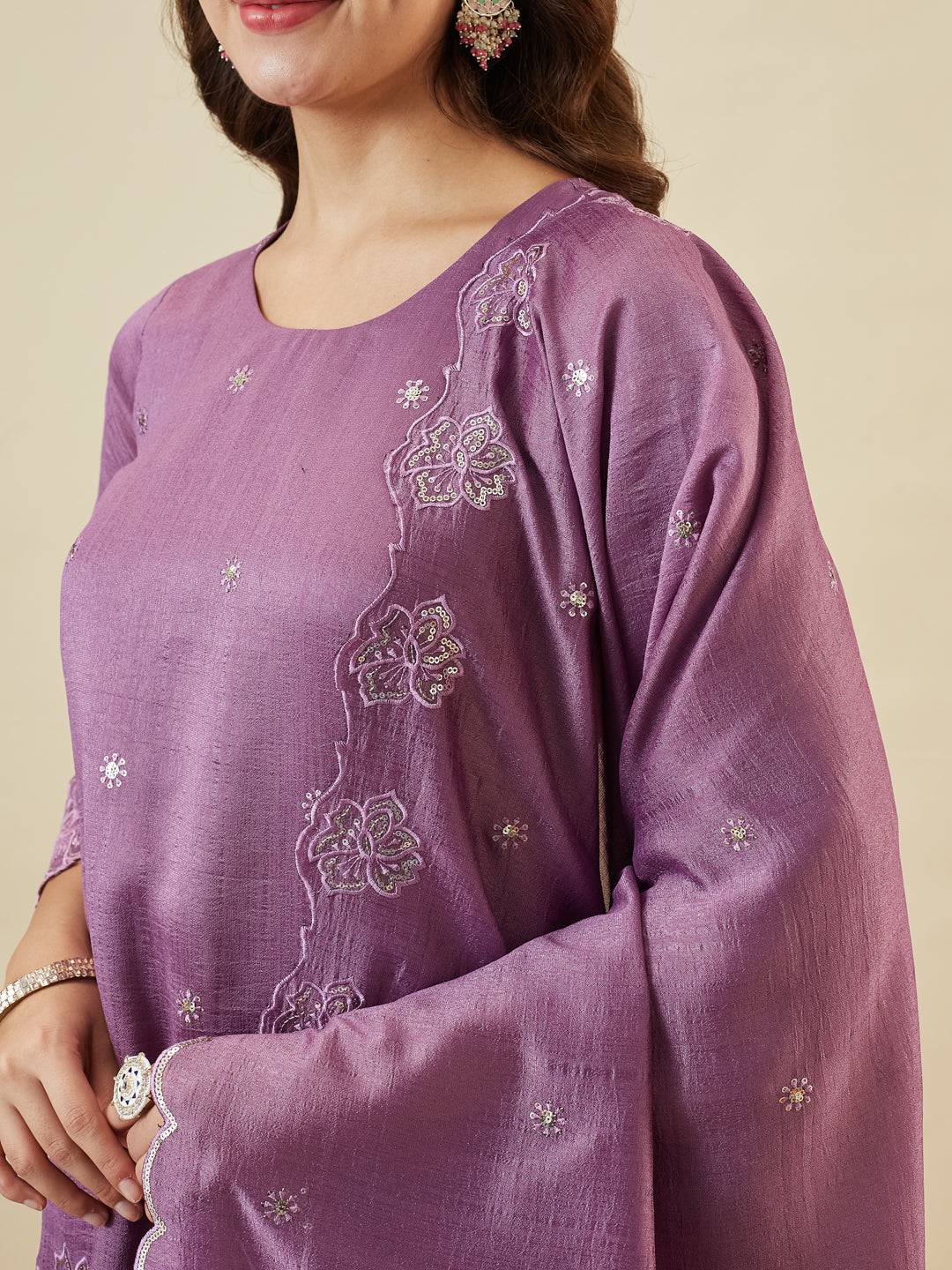 Lavender Silk Embroidered Suit with Palazzo Set for Women | neck side