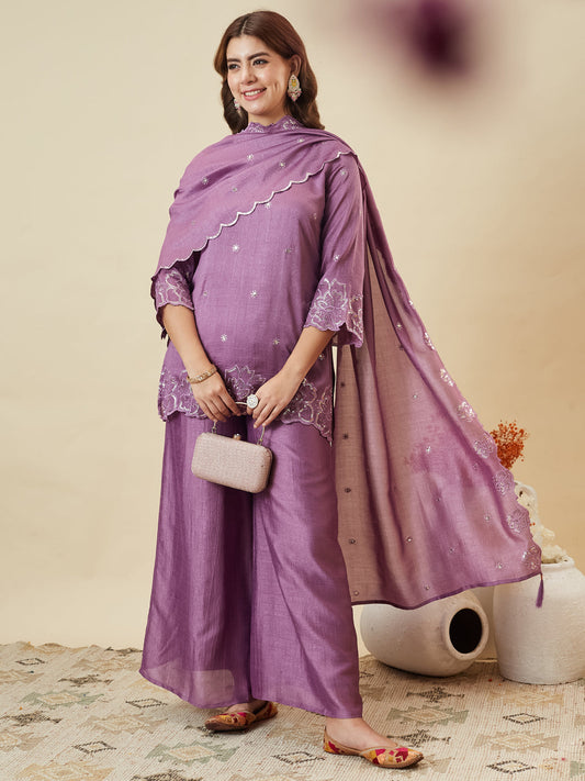 Lavender Silk Embroidered Suit with Palazzo Set for Women | front full side