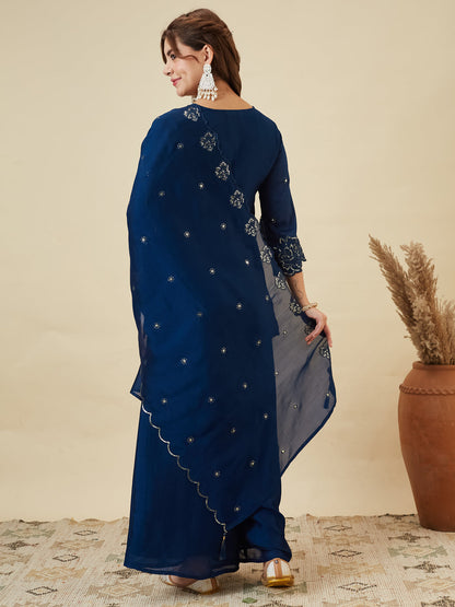 Teal Blue Silk Embroidered Suit with Palazzo Set for Women