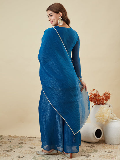 Royal Blue Silk Embroidered Top Sharara Set with Dupatta