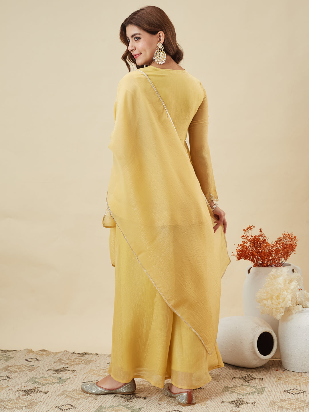 Yellow Silk Embroidered Top Sharara Set with Dupatta | backside full view