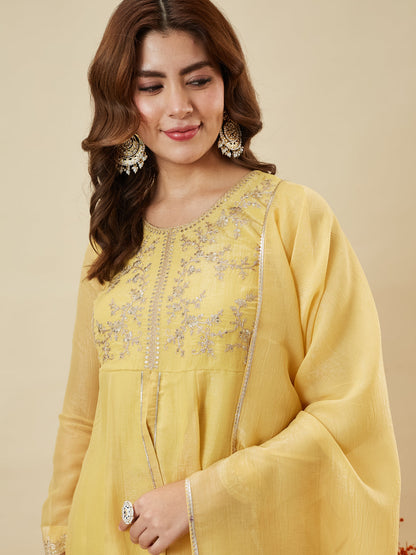 Yellow Silk Embroidered Top Sharara Set with Dupatta | frontside half view