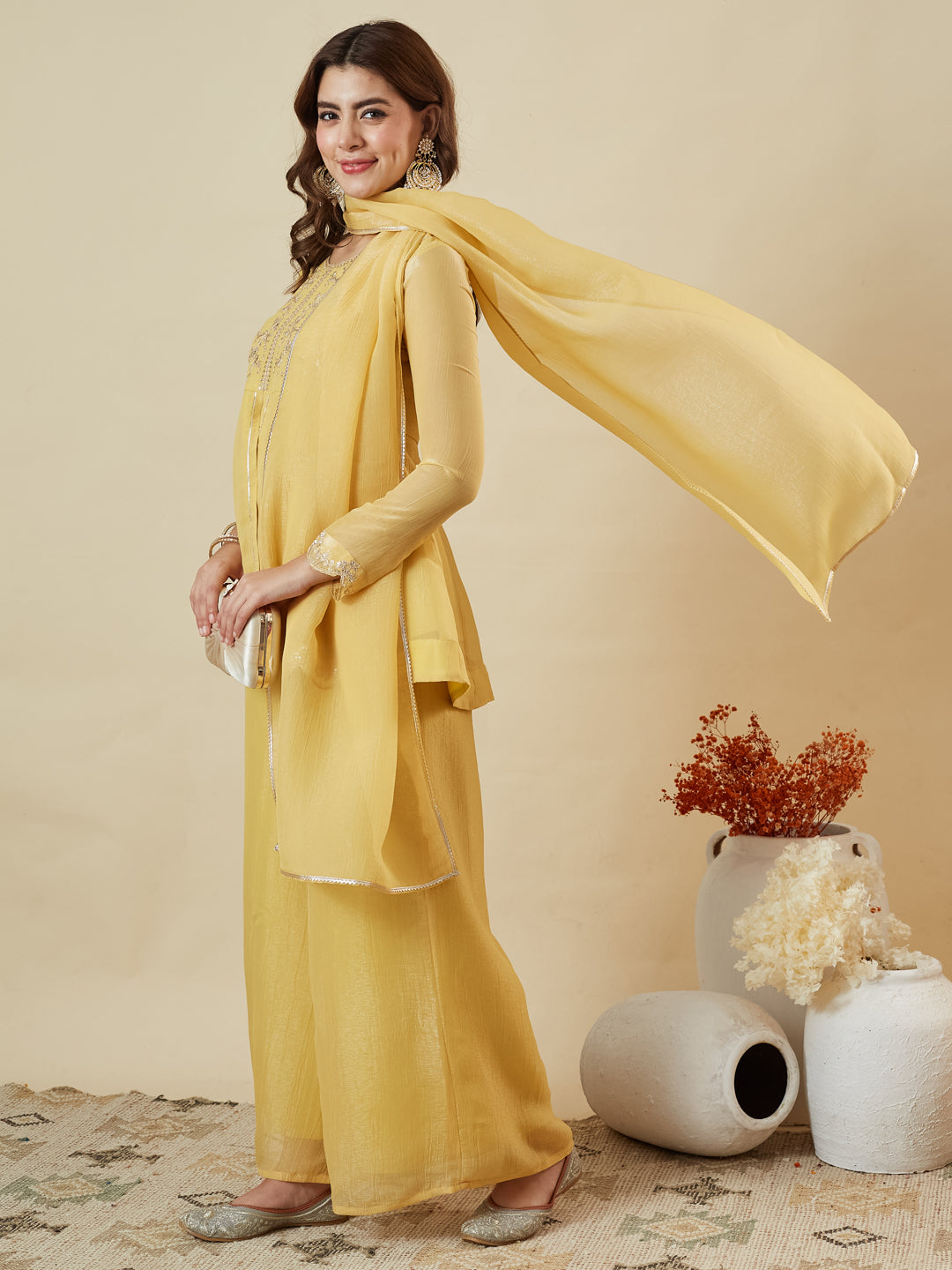 Yellow Silk Embroidered Top Sharara Set with Dupatta | leftside full view