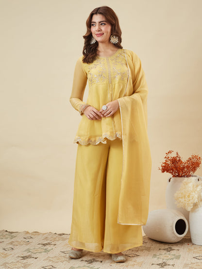 Yellow Silk Embroidered Top Sharara Set with Dupatta | oneside dupatta style view