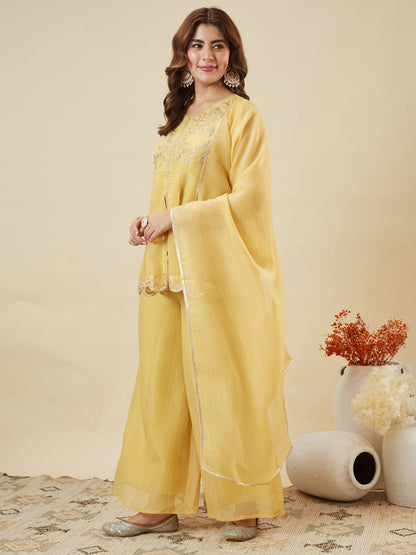 Yellow Silk Embroidered Top Sharara Set with Dupatta | leftside full view