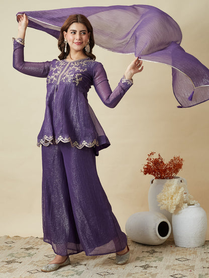 Voilet Silk Embroidered Top Sharara Set with Dupatta