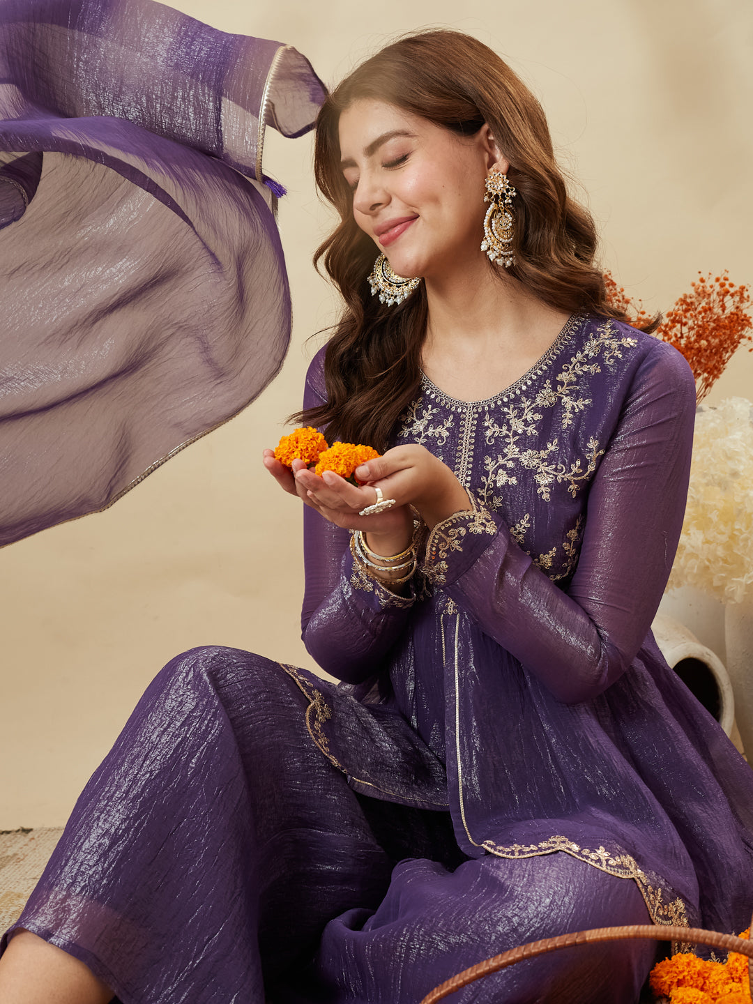 Voilet Silk Embroidered Top Sharara Set with Dupatta