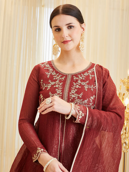 Berry Embroidered Kurta Palazzo Set with Dupatta for Women