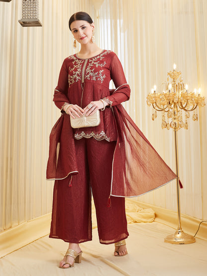 Berry Embroidered Kurta Palazzo Set with Dupatta for Women