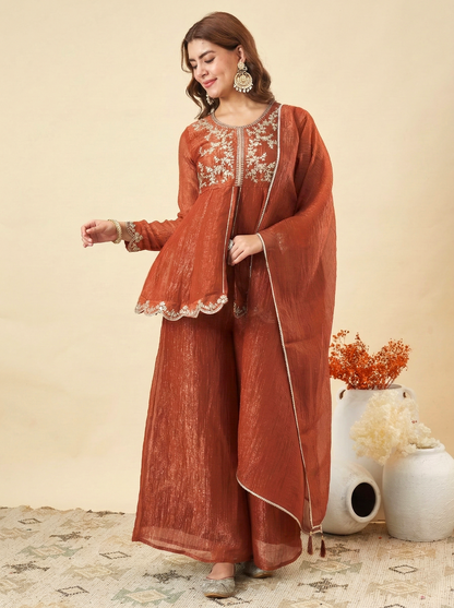 Rust Silk  Embroidered Peplum Kurta Set with Palazzo & Dupatta