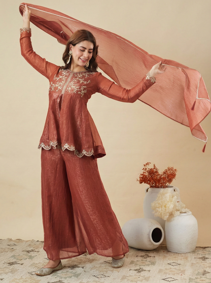 Rust Silk  Embroidered Peplum Kurta Set with Palazzo & Dupatta
