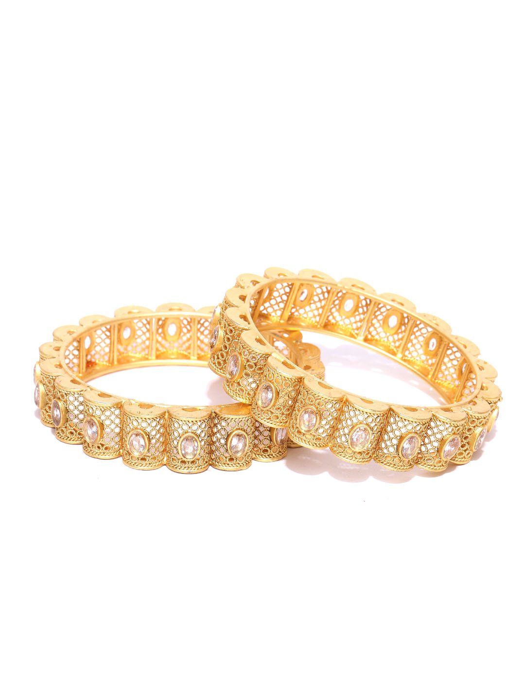 Set Of 2 Gold-Plated Stones Studded Jali Work Bangles