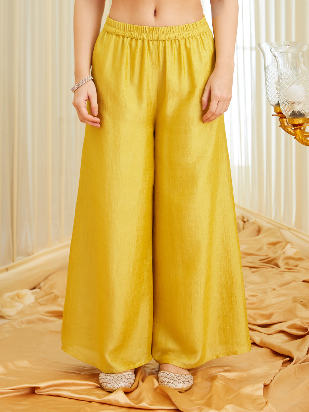 Yellow Silk Embroidered Top Sharara Set with Dupatta | bottom sharara view