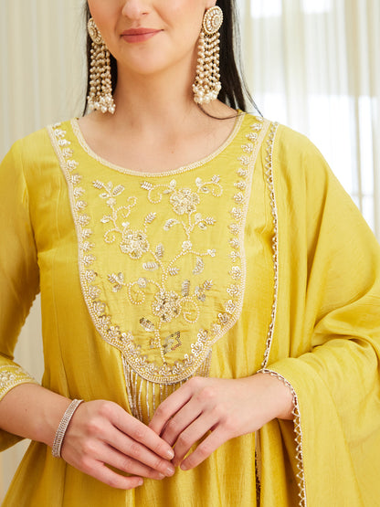 Yellow Silk Embroidered Top Sharara Set with Dupatta | neckside design view